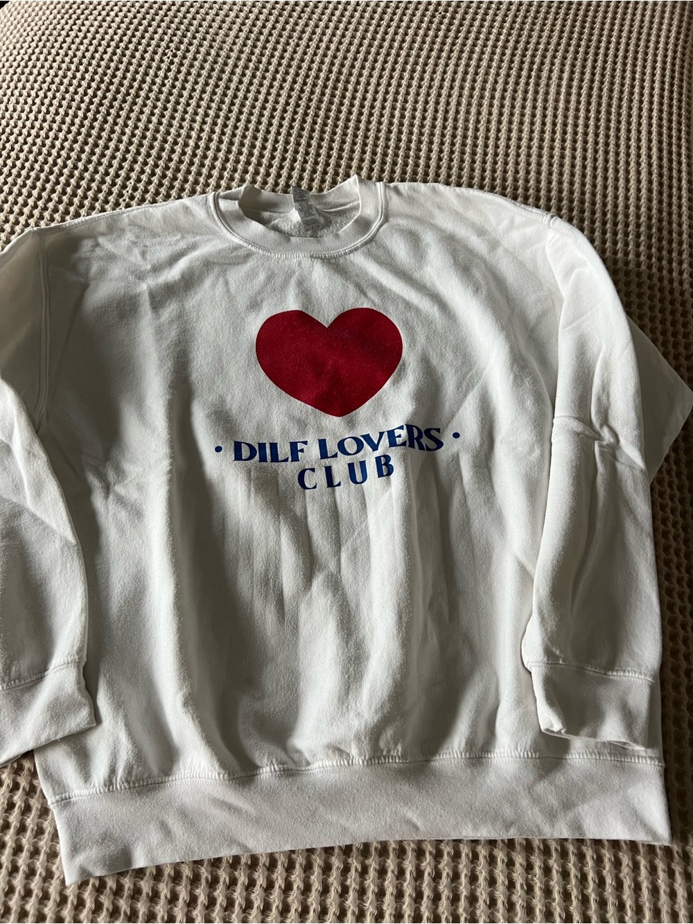 Gildan White Crewneck Sweatshirt with Red Heart and Navy Text